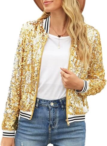 itnpbwus Sequin Jacket for Women Long Sleeved Front Zipper Ribbed Cuffs Bomber Jacket in Saudi Arabia