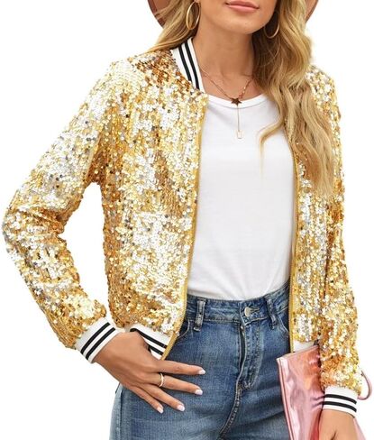 itnpbwus Sequin Jacket for Women Long Sleeved Front Zipper Ribbed Cuffs Bomber Jacket in Saudi Arabia