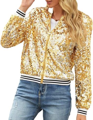 itnpbwus Sequin Jacket for Women Long Sleeved Front Zipper Ribbed Cuffs Bomber Jacket in Saudi Arabia