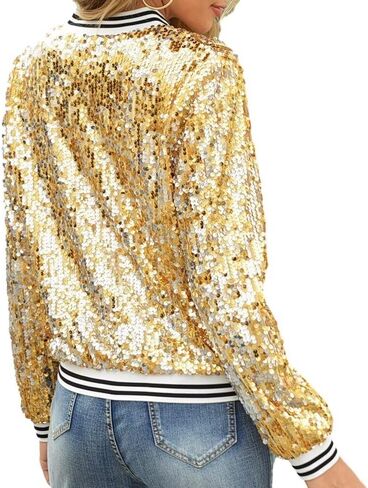 itnpbwus Sequin Jacket for Women Long Sleeved Front Zipper Ribbed Cuffs Bomber Jacket in Saudi Arabia