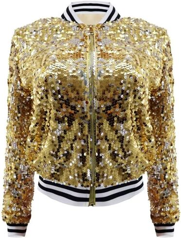 itnpbwus Sequin Jacket for Women Long Sleeved Front Zipper Ribbed Cuffs Bomber Jacket in Saudi Arabia