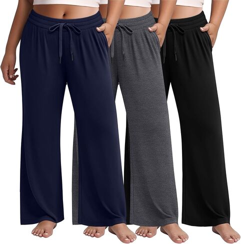 Huukeay 3 Pack Women's Plus Size Pants Wide Leg Yoga Pants Baggy Lounge Sweatpants with Pockets Drawstring High Waist Jogger in Kuwait