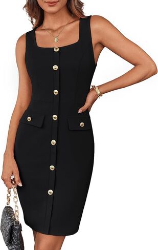 GRACE KARIN 2025 Women's Buttons Belted Square Neck Business Work Dress Sleeveless Bodycon Midi Dress in Kuwait