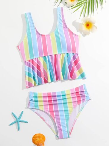 SHENHE Girl's 2 Piece Bikini Set Color Block Striped Print Swimsuit Set Cute Bathing Suit Set in Saudi Arabia