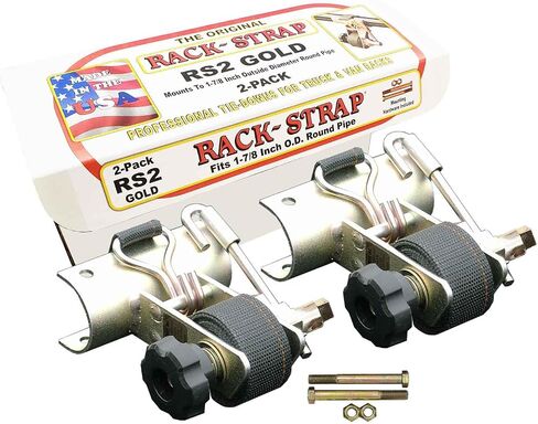 2 Pack, Rack-Strap, The Original Ladder Rack Tie-Down, Round Mounting Bracket, RS2 Gold 1-7/8 Inch Diameter Round Mounting Bracket, Bolt Installation Hardware Included, 8 Foot Black Strap in Kuwait