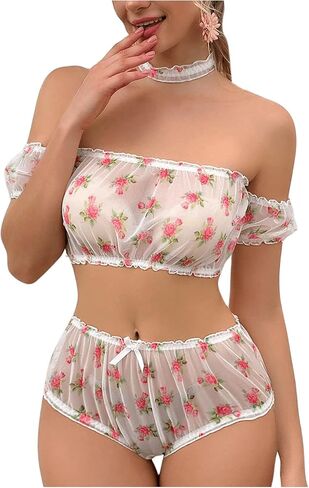 WDIRARA Women's 3 Piece Mesh Lingerie Set Ruffle Trim Off Shoulder Bra and Panty Set Underwear in Saudi Arabia
