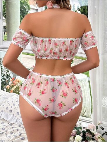 WDIRARA Women's 3 Piece Mesh Lingerie Set Ruffle Trim Off Shoulder Bra and Panty Set Underwear in Saudi Arabia