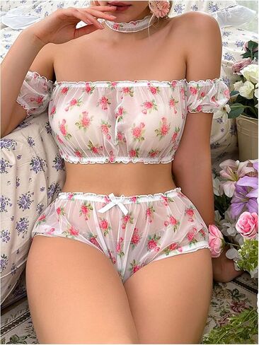 WDIRARA Women's 3 Piece Mesh Lingerie Set Ruffle Trim Off Shoulder Bra and Panty Set Underwear in Saudi Arabia