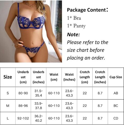 Women's 2 Piece Rose Floral Embroidery Underwire Lingerie Flower Mesh Sheer Push up Bra and Panty Underwear Set Blue in Saudi Arabia