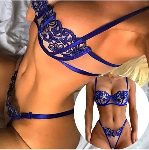Women's 2 Piece Rose Floral Embroidery Underwire Lingerie Flower Mesh Sheer Push up Bra and Panty Underwear Set Blue in Saudi Arabia