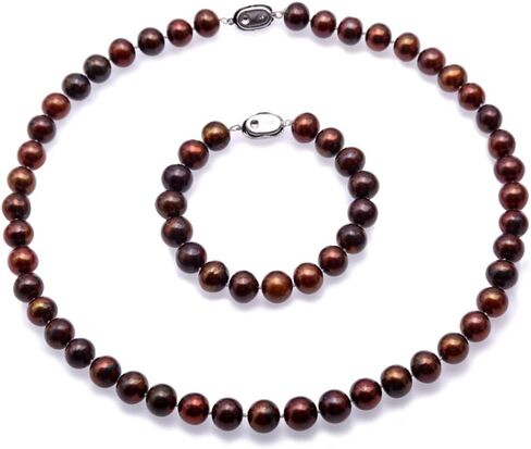 عقد من اللؤلؤ للنساء مقاس 9-10 ملم من لؤلؤ المياه العذبة البني المستدير ومجموعة سوار in Kuwait