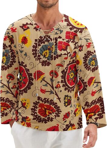 COOFANDY Mens Linen Beach Tee Shirts Cotton Hippie Shirts V Neck Long Sleeve Tunic Big and Tall Yoga Shirt in Saudi Arabia