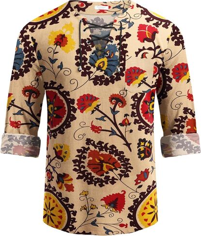 COOFANDY Mens Linen Beach Tee Shirts Cotton Hippie Shirts V Neck Long Sleeve Tunic Big and Tall Yoga Shirt in Saudi Arabia