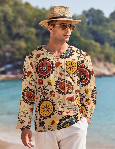 COOFANDY Mens Linen Beach Tee Shirts Cotton Hippie Shirts V Neck Long Sleeve Tunic Big and Tall Yoga Shirt in Saudi Arabia