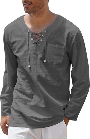 COOFANDY Mens Linen Beach Tee Shirts Cotton Hippie Shirts V Neck Long Sleeve Tunic Big and Tall Yoga Shirt in Saudi Arabia