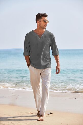 COOFANDY Mens Linen Beach Tee Shirts Cotton Hippie Shirts V Neck Long Sleeve Tunic Big and Tall Yoga Shirt in Saudi Arabia