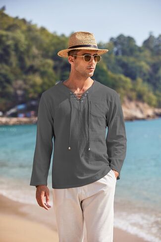 COOFANDY Mens Linen Beach Tee Shirts Cotton Hippie Shirts V Neck Long Sleeve Tunic Big and Tall Yoga Shirt in Saudi Arabia
