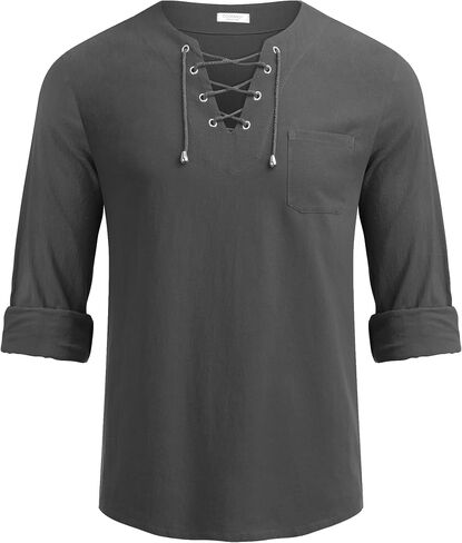 COOFANDY Mens Linen Beach Tee Shirts Cotton Hippie Shirts V Neck Long Sleeve Tunic Big and Tall Yoga Shirt in Saudi Arabia