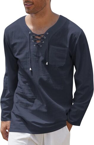 COOFANDY Mens Linen Beach Tee Shirts Cotton Hippie Shirts V Neck Long Sleeve Tunic Big and Tall Yoga Shirt in Saudi Arabia