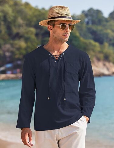 COOFANDY Mens Linen Beach Tee Shirts Cotton Hippie Shirts V Neck Long Sleeve Tunic Big and Tall Yoga Shirt in Saudi Arabia