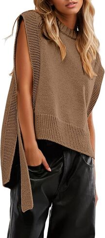 MISSACTIVER Women Oversized Round Neck Sleeveless Sweater Vest Knit High Low Hem Side Tie Solid Color Pullover Tank Tops in Saudi Arabia