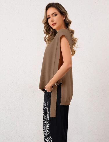 MISSACTIVER Women Oversized Round Neck Sleeveless Sweater Vest Knit High Low Hem Side Tie Solid Color Pullover Tank Tops in Saudi Arabia
