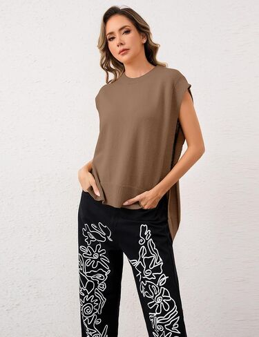 MISSACTIVER Women Oversized Round Neck Sleeveless Sweater Vest Knit High Low Hem Side Tie Solid Color Pullover Tank Tops in Saudi Arabia