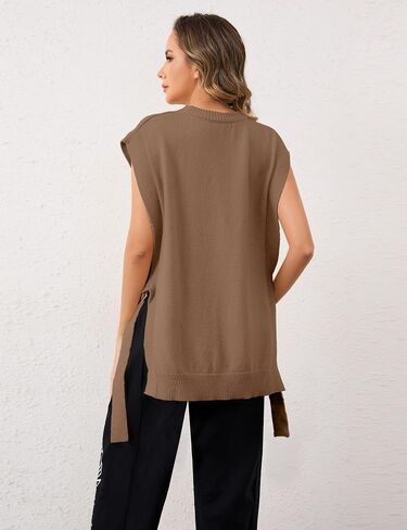 MISSACTIVER Women Oversized Round Neck Sleeveless Sweater Vest Knit High Low Hem Side Tie Solid Color Pullover Tank Tops in Saudi Arabia