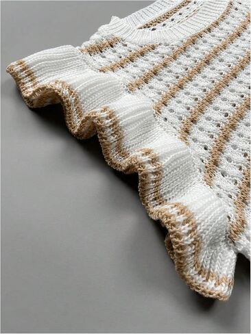 MakeMeChic Women's Striped Round Neck Sweater Vest Flutter Sleeve Hollow Out Knit Tops in Saudi Arabia