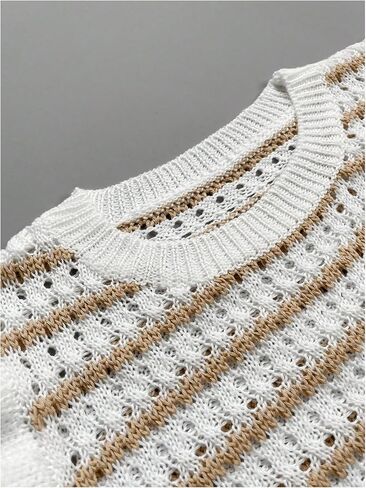 MakeMeChic Women's Striped Round Neck Sweater Vest Flutter Sleeve Hollow Out Knit Tops in Saudi Arabia