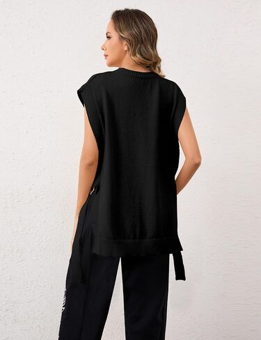 MISSACTIVER Women Oversized Round Neck Sleeveless Sweater Vest Knit High Low Hem Side Tie Solid Color Pullover Tank Tops in Saudi Arabia