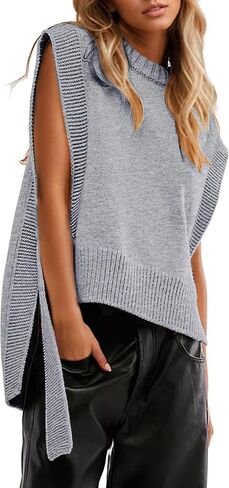 MISSACTIVER Women Oversized Round Neck Sleeveless Sweater Vest Knit High Low Hem Side Tie Solid Color Pullover Tank Tops in Saudi Arabia
