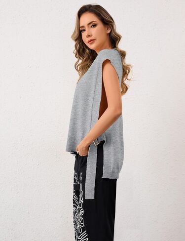 MISSACTIVER Women Oversized Round Neck Sleeveless Sweater Vest Knit High Low Hem Side Tie Solid Color Pullover Tank Tops in Saudi Arabia