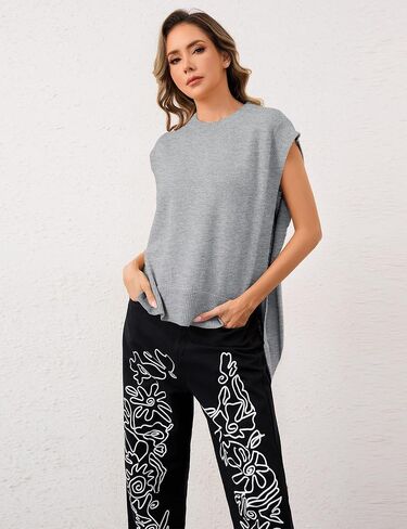 MISSACTIVER Women Oversized Round Neck Sleeveless Sweater Vest Knit High Low Hem Side Tie Solid Color Pullover Tank Tops in Saudi Arabia