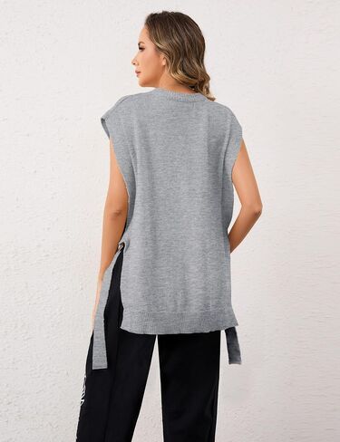 MISSACTIVER Women Oversized Round Neck Sleeveless Sweater Vest Knit High Low Hem Side Tie Solid Color Pullover Tank Tops in Saudi Arabia