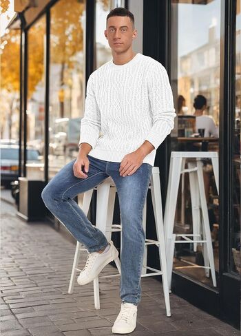 Askdeer Men's Cable Knit Pullover Sweater Long Sleeve Crew Neck Knit Sweater Soft Casual Sweaters with Ribbing Edge in Kuwait