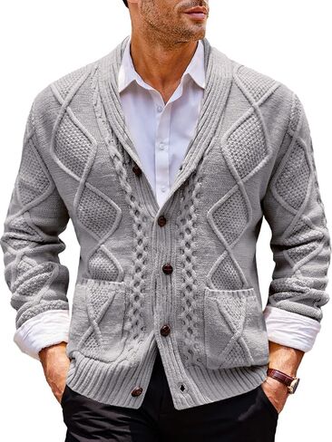 Runcati Mens Shawl Collar Cardigan Sweater Cable Knit Button Down Long Sleeve Casual Sweater with Pockets in Saudi Arabia