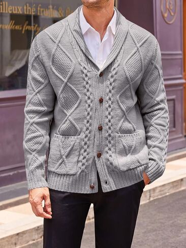 Runcati Mens Shawl Collar Cardigan Sweater Cable Knit Button Down Long Sleeve Casual Sweater with Pockets in Saudi Arabia