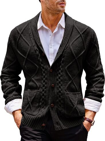 Runcati Mens Shawl Collar Cardigan Sweater Cable Knit Button Down Long Sleeve Casual Sweater with Pockets in Saudi Arabia