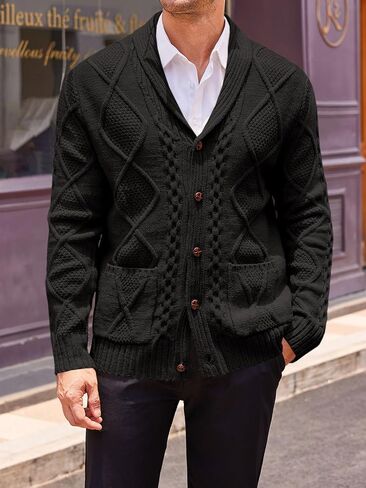 Runcati Mens Shawl Collar Cardigan Sweater Cable Knit Button Down Long Sleeve Casual Sweater with Pockets in Saudi Arabia