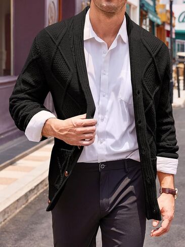 Runcati Mens Shawl Collar Cardigan Sweater Cable Knit Button Down Long Sleeve Casual Sweater with Pockets in Saudi Arabia