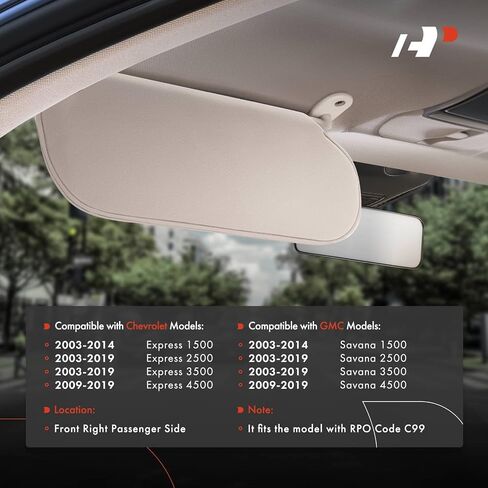 A-Premium Left Driver Side Sun Visor Compatible with Chevrolet Express 1500, Express 2500, Express 3500, Express 4500 & GMC Savana 1500, Savana 2500, Savana 3500, Savana 4500, 2003-2019, Beige in Saudi Arabia