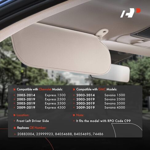 A-Premium Left Driver Side Sun Visor Compatible with Chevrolet Express 1500, Express 2500, Express 3500, Express 4500 & GMC Savana 1500, Savana 2500, Savana 3500, Savana 4500, 2003-2019, Beige in Saudi Arabia