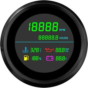 ELING 6 in 1 Adjustable Multifunctional Gauge Tachometer Fuel Level Water Temp Oil Pressure Hour Voltmeter 85mm Dimension for Boat Car Motorcycle (Black+Black)