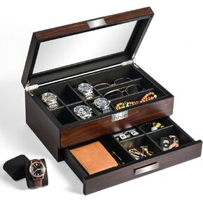 Watch Box Organizer for Men, Luxury Wood Watch Jewelry Box with Valet Drawer, Glass Cover Watch Display Organizer, Multipurpose Jewelry Organizer for Sunglasses, Rings, Bracelet, Men Gift
