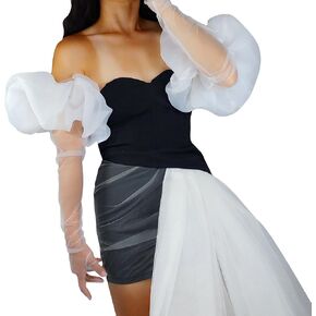 DooWay Women Extra Long Opera Gloves Puff Sleeve Oversize Silk Ruffle Cuff Fancy Evening Wedding Mesh Gloves