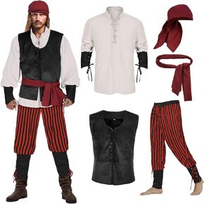 5 pcs men's pirate costume set Renaissance shirt medieval vest Viking Banded Pants headscarf belt Halloween costume