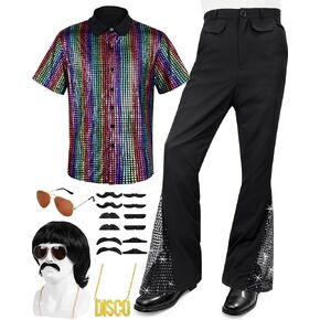 6 PCS Men's 70s Disco Outfit Costume Retro 80s Bell Bottom Pants short Sleeve Shirts Wigs Necklace Moustache Sunglasses