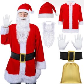 Liitrsh Santa Claus Costume Set Christmas Santa Suit Adult Outfit with Black Belt Hat Gloves Beard and Bag for Men Women