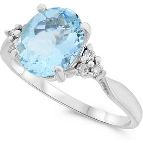 14k White Gold Ring, Oval Blue Aquamarine Ring, Gemstone and Diamond Ring, Birthstone of March Size 7